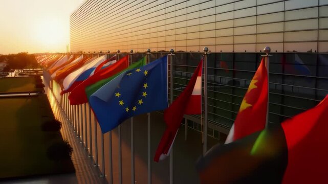 European Union flag waves alongside national flags at modern building during golden hour sunset, symbolizing unity and international cooperation - political diversity and diplomatic relations concept