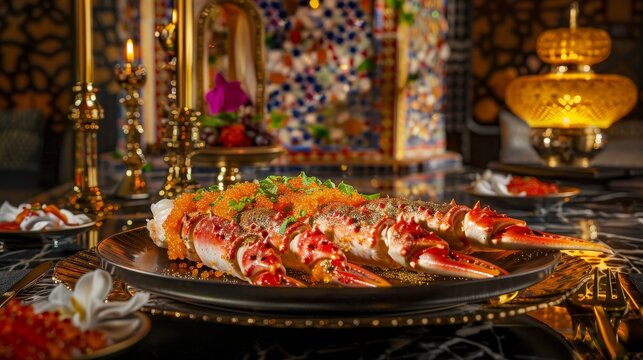 A plate displays crab legs topped with orange roe and herbs Background shows blurred ornate gold objects mosaic details and black marble - Powered by Adobe
