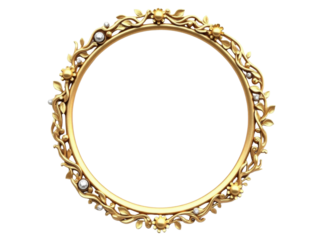 Ornate golden floral wreath frame with decorative accents on transparent background