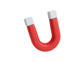Vivid red horseshoe magnet with pristine white poles floating on transparency, illustrating the
