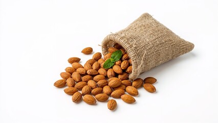 "Almonds Spilling from a Burlap Sack with a Touch of Green Leaf on a Clean Background"