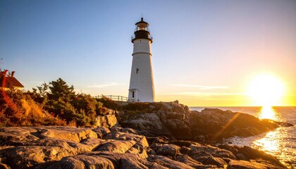 Sunrise view of a lighthouse on rocky coast