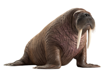 High‑resolution transparent background walrus PNG cutout showing detailed tusks, vibrant whiskers, and textured hide for seamless arctic marine mammal design, branding, and educational projects