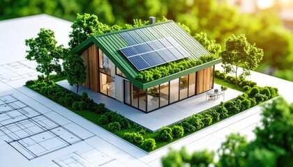 Sustainable home design model on blueprints