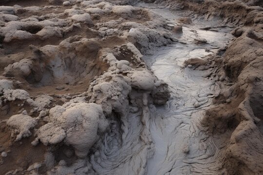 Close up view of a mud volcano bubbling and creating interesting patterns in the mud - Powered by Adobe