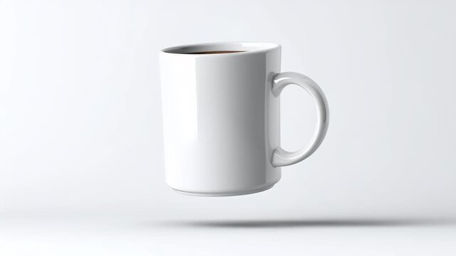 White ceramic coffee mug floating in mid-air against a minimalistic background, showcasing a clean design ideal for branding, mock up use, or creative beverage presentations in various contexts