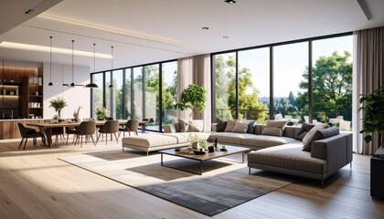 Spacious modern living room with large windows