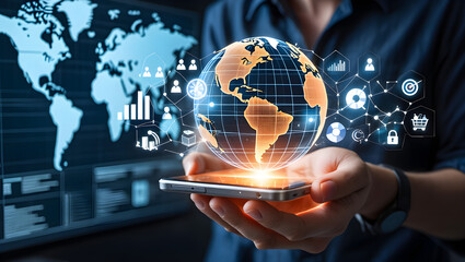 A man holds a glowing globe and smartphone showing global data and connection with a world map background for business and tech concepts.