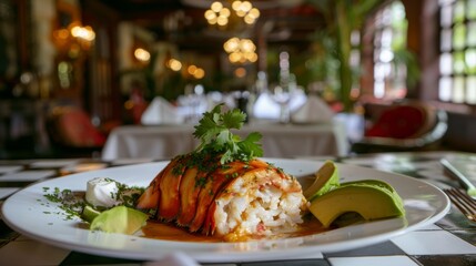 Closeup on a lobster dish with avocado cream and cilantro garnish on a checkered tablecloth Restaurant setting