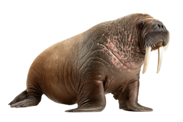 High‑resolution transparent background walrus PNG cutout showing detailed tusks, vibrant whiskers, and textured hide for seamless arctic marine mammal design, branding, and educational projects