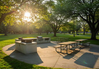 Concrete skate park with ramps and rails, urban sports environment
