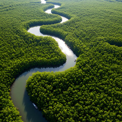 A winding river meanders through a lush, vibrant mangrove forest, with small boats navigating its tranquil waters.