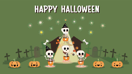 Fototapeta premium Cartoon halloween scene featuring skeletons, pumpkins, tombstones and a haunted house with stars