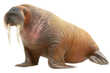 High‑resolution transparent background walrus PNG cutout showing detailed tusks, vibrant whiskers, and textured hide for seamless arctic marine mammal design, branding, and educational projects