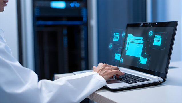 Woman in lab coat works on laptop with digital file icons, presenting data security in a medical setting.