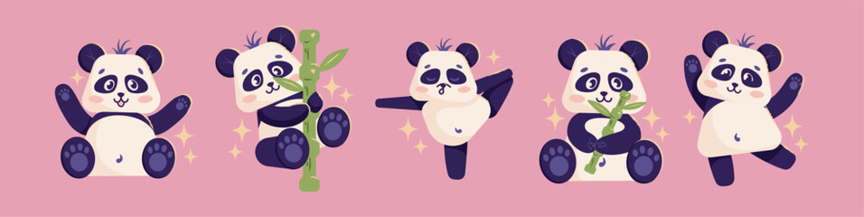 Set pandas in various poses with bamboo. Cute panda animal characters. Wildlife and Asian nature concept. Vector illustration in flat cartoon style isolated © Olexandra Simkina