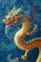 Fototapeta premium Majestic golden dragon sculpture with intricate details against a vibrant blue background