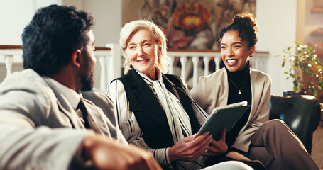 Tablet, smile and business people in office, conversation and collaboration with online news...