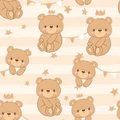 Fototapeta premium Cute Teddy Bear pattern seamless, vector illustration Hand Drawn Cute print design