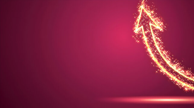 A glowing, upward-pointing arrow, composed of sparkling particles, against a deep magenta background.  A soft, light-colored base accents the lower portion of the image