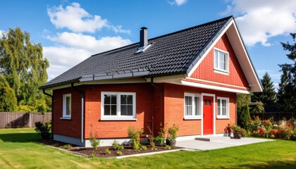 Red brick house with a dark roof