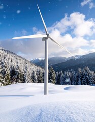 Snowy mountain landscape with wind turbine