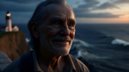 Elderly man smiling by ocean at sunset, contentment and peaceful retirement - wisdom and life reflection concept.