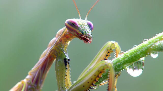 Incredible Macro Close-up of a Praying Mantis with Water Droplets on its Body and a Green Background