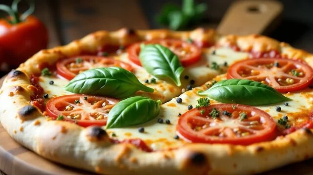 A freshly baked pizza topped with mozzarella cheese, sliced tomatoes, and fresh basil leaves on a wooden board. Juicy tomatoes and vibrant green basil enhance the dish.