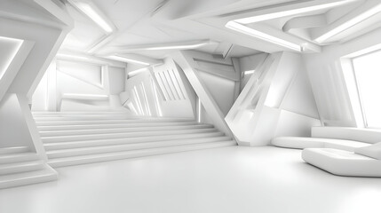 Obraz premium White, futuristic interior with angular shapes and lighting. Large open space with stairs and seating