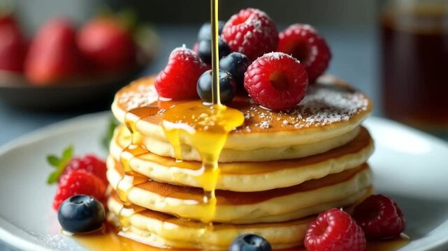 Stack of fluffy pancakes topped with fresh raspberries, blueberries, and a drizzle of syrup. A plate of strawberries is in the background.