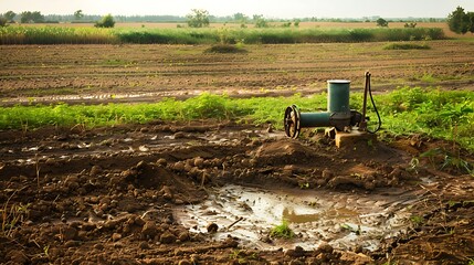 **A Clean Farm Field Corner With A Water Pump Motor And Underground Irrigation Pipe Junction Clearly Visible. Pump Is Unbranded, New, And Rust-Free. Soil Must Look Tilled And Moist. Background Shows P