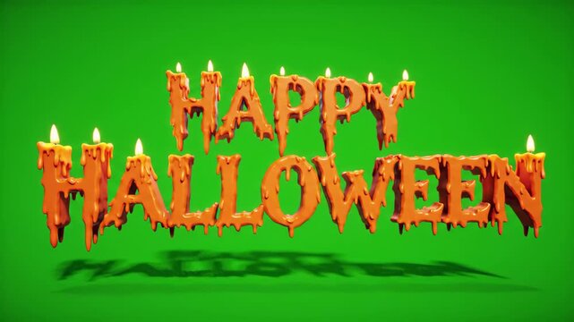 3D render of Happy Halloween title with flickering candle flames and a dripping wax effect, provided on a chroma key green screen for easy video compositing.