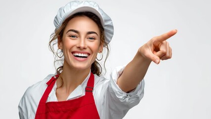 Smiling female chef in white shirt and red apron, wearing a chef hat, joyfully pointing with enthusiasm, showcasing a vibrant kitchen atmosphere filled with culinary creativity and passion for cooking