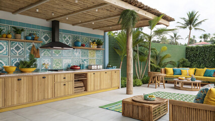 Fototapeta premium Tropical open kitchen with bamboo and palms