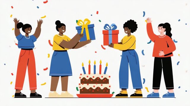 people together celebration birthday confetti cake flat simple illustration design video animation