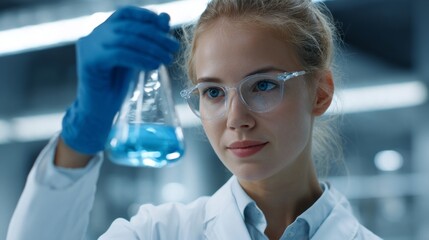 A woman wearing a lab coat and blue gloves holding a beaker of blue liquid