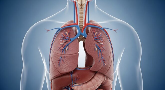 Anatomical Illustration of Human Lungs and Digestive System in Medical Style