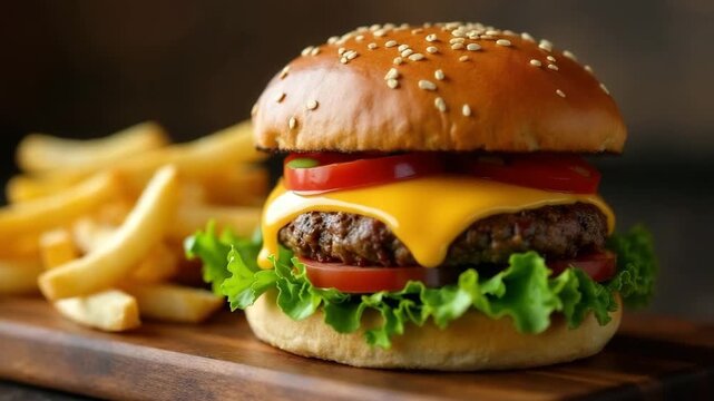 A close-up of a cheeseburger with lettuce, tomato, and cheddar cheese on a sesame seed bun. French fries are placed beside the burger on a wooden board.