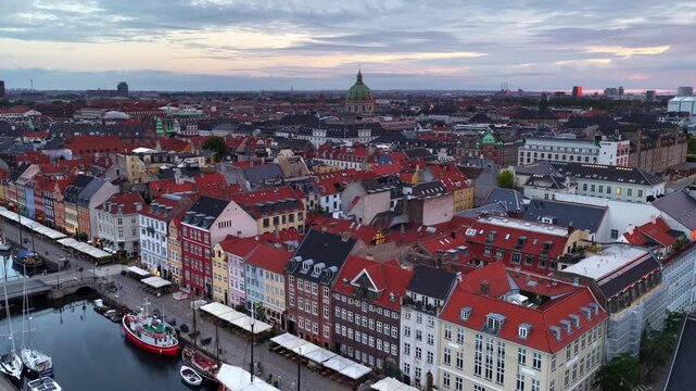 Copenhagen city aerial view, Nyhaven is famous tourist landmark in Copenhagen, capital of Denmark, Scandinavian Danish city Copenhagen drone shot