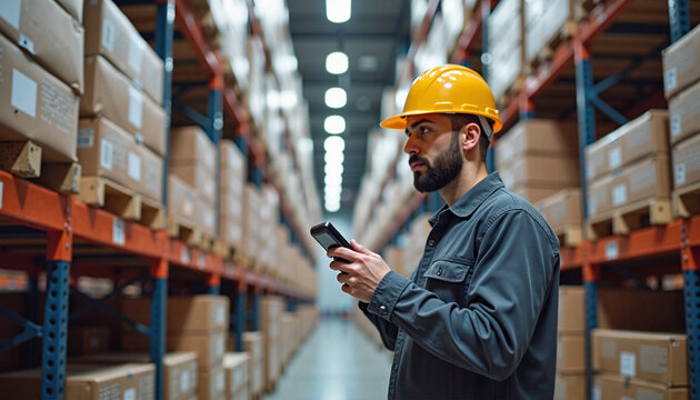Warehouse worker in a yellow hard hat checking inventory with a smartphone in an organized aisle