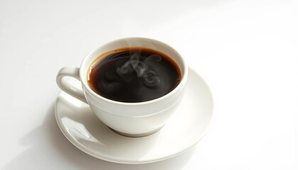 Fototapeta premium Steaming dark coffee in a white ceramic cup on a saucer, light background, drink photography, rich