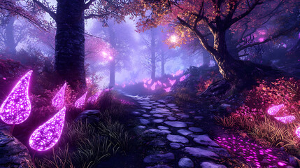 Mystical forest path glows with vibrant purple light,  teardrop-shaped crystals adorn the foliage