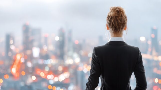 Ambitious Vista: A determined business woman gazes out at a sprawling cityscape, contemplating her next move, a symbol of ambition, strategy, and leadership.
