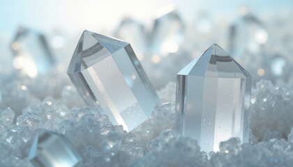 Close-up of clear quartz crystals on a bed of sparkling minerals, soft light background