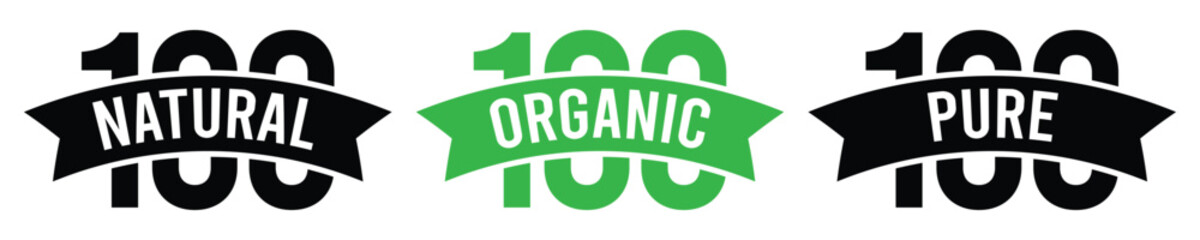 Natural Organic Pure guarantee badge vector icon set