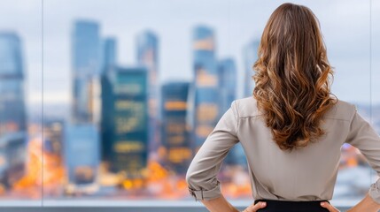 Fototapeta premium Visionary Woman Overlooking Cityscape: A confident woman, standing at a large window, gazes out at a vibrant cityscape. This image captures a sense of ambition, foresight, and determination.
