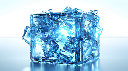 A cluster of ice cubes, transparent and bright blue, reflecting light.  Close-up view, showing intricate crystal structure