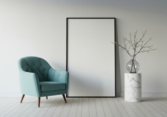 Minimalist interior design featuring a teal armchair and a tall blank canvas