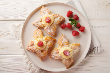 Festive puff pastries filled with vanilla custard and fresh raspberries close-up in a plate on a table. Horizontal top view from above